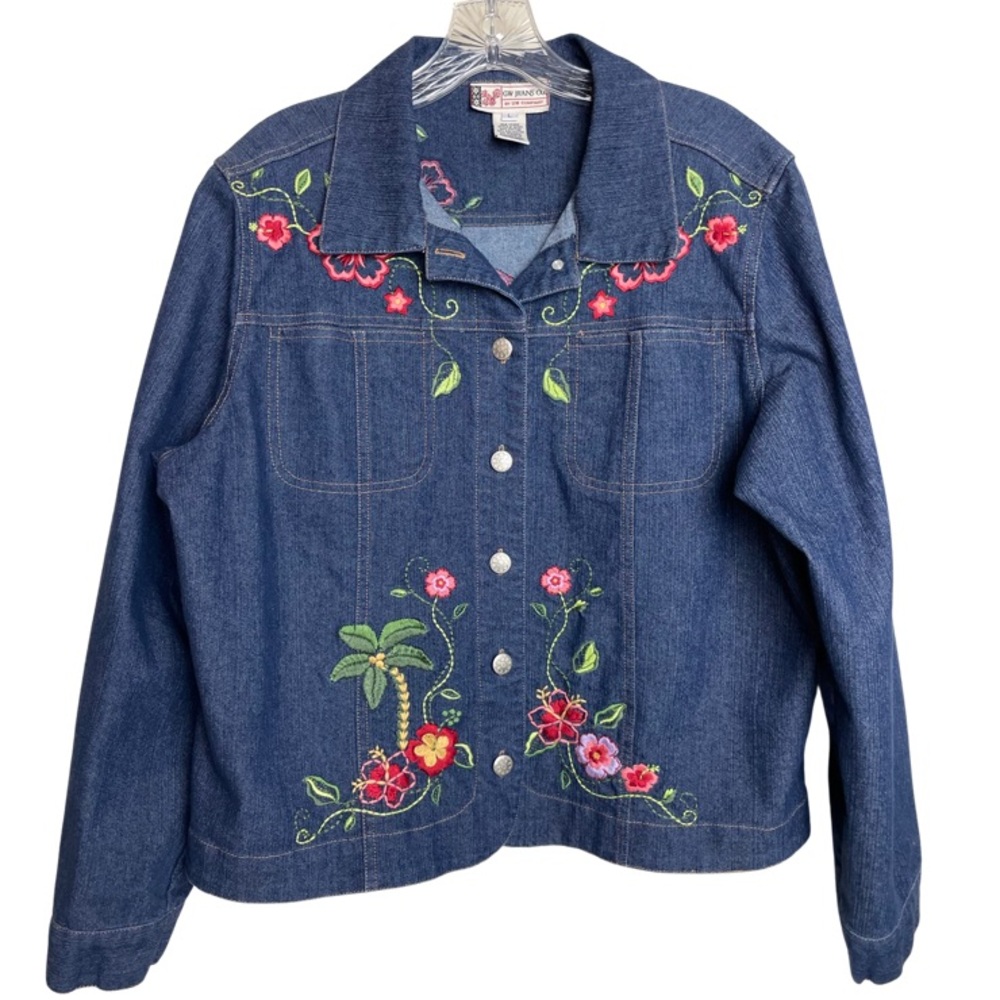 GW Jeans Co Tropical Floral Embroidered Denim Button Front Jacket | Large
